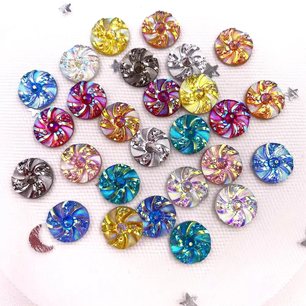 Shiny 40pcs AB Resin 10mm Whirlwind Round Flatback Rhinestone Buttons Appliques DIY Wedding Scrapbook Craft L13