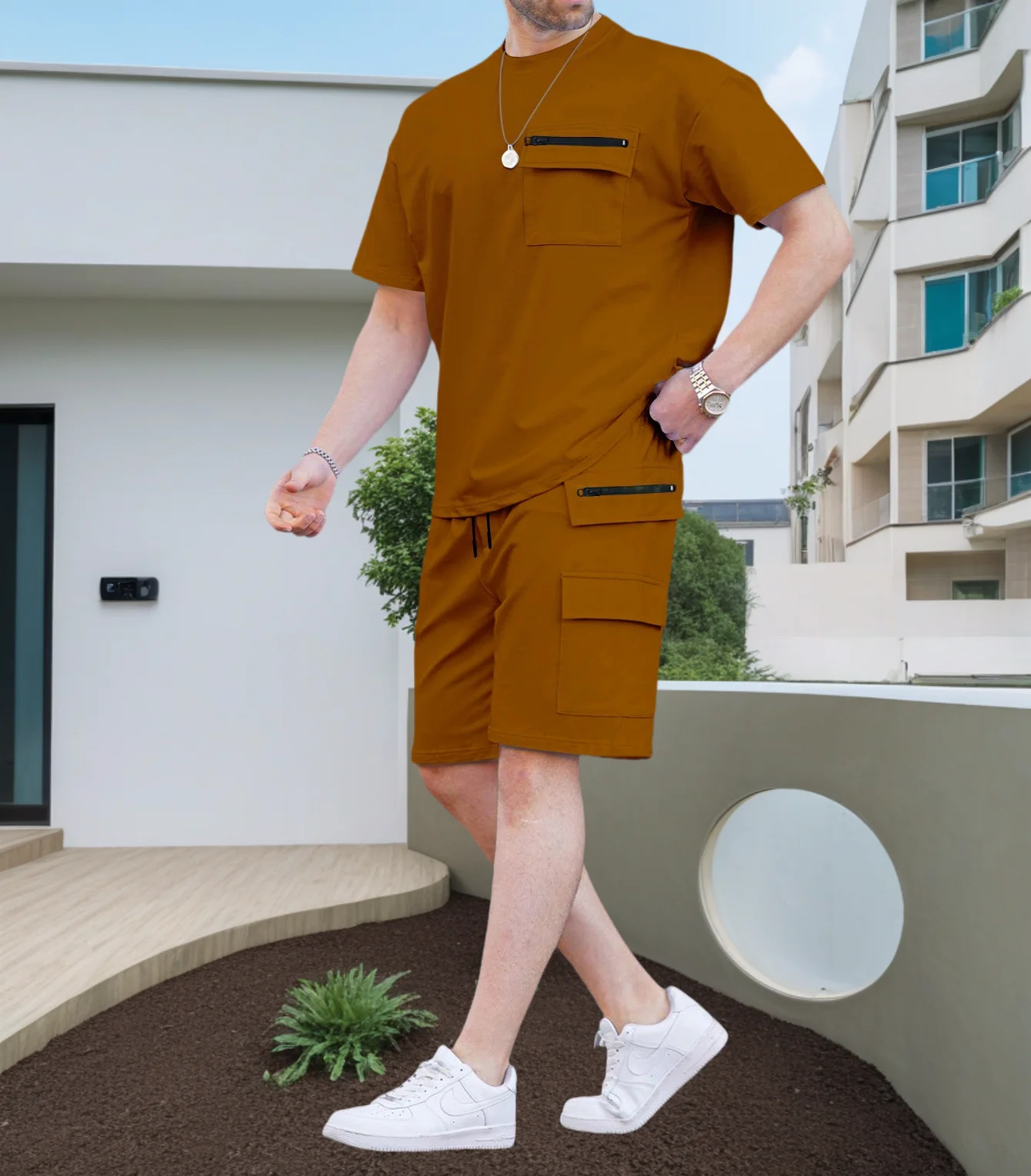 Men's T-shirt, Short-Sleeved, Summer Men's Two-Piece set, Pocket Accessories, Summer Fashionable High Street Polo Suit