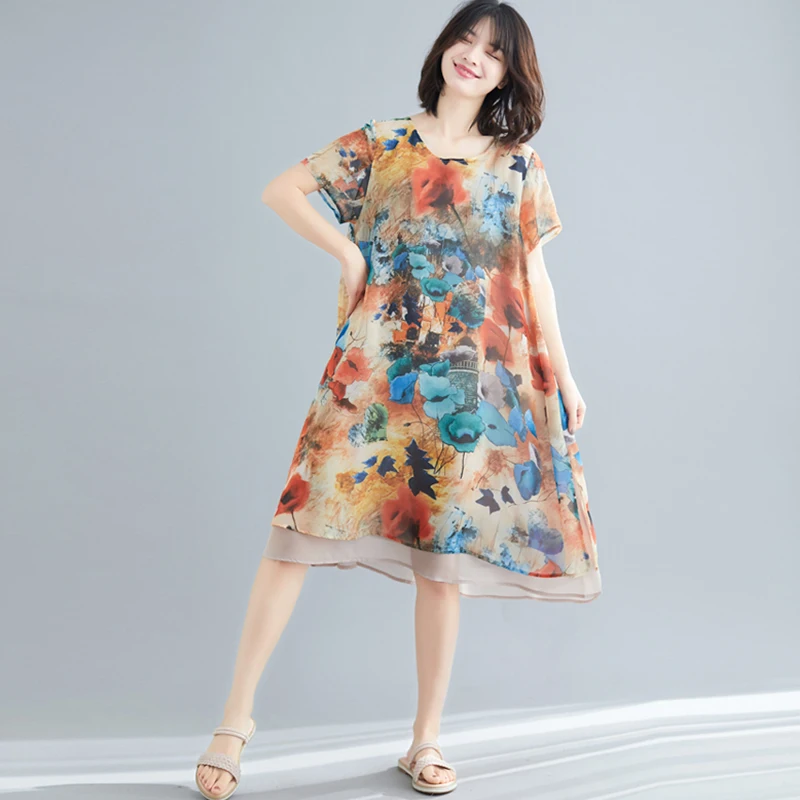 여름 신상 루즈핏 가벼운 실크 쉬폰 여성용 미디 A라인 스커트 플로럴 프린트 수채화 스타일 출퇴근용