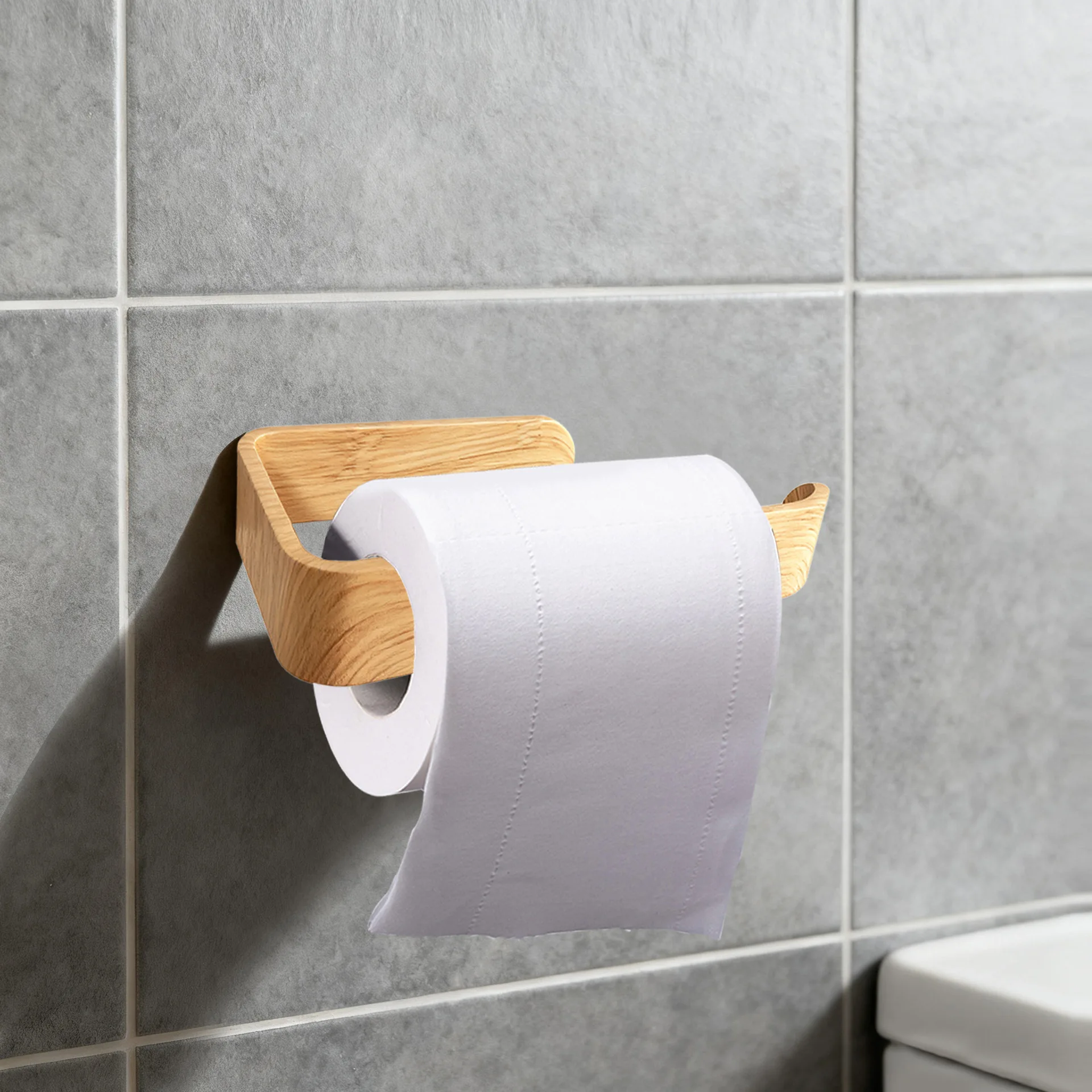 Selbstklebender U-förmiger Toilettenpapierhalter ohne Bohren, Holzmaserung, Wandmontage für Badezimmer, Küche, Papierhandtücher, Mieterfreundlich – Detail 1