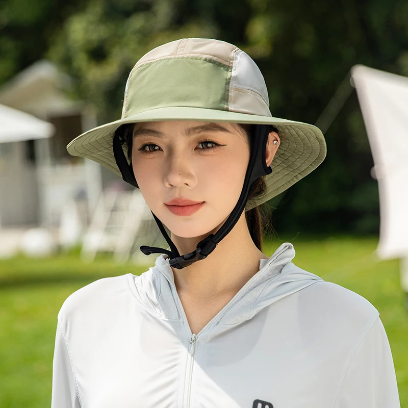 

Summer Contrast Color Surf Hats with Adjustable Chin Strap Snap & Windproof Rope Hiking Hat Quick-dry Water-repellent Fabric Cap