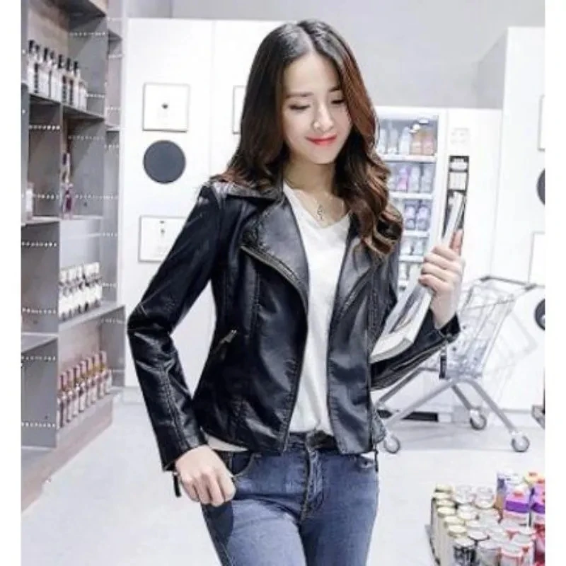 2023 Womens Faux Leather Jacket Black Casual Slim Motorcycle Biker Leather Coat Female Punk Streetwear Jackets Cool