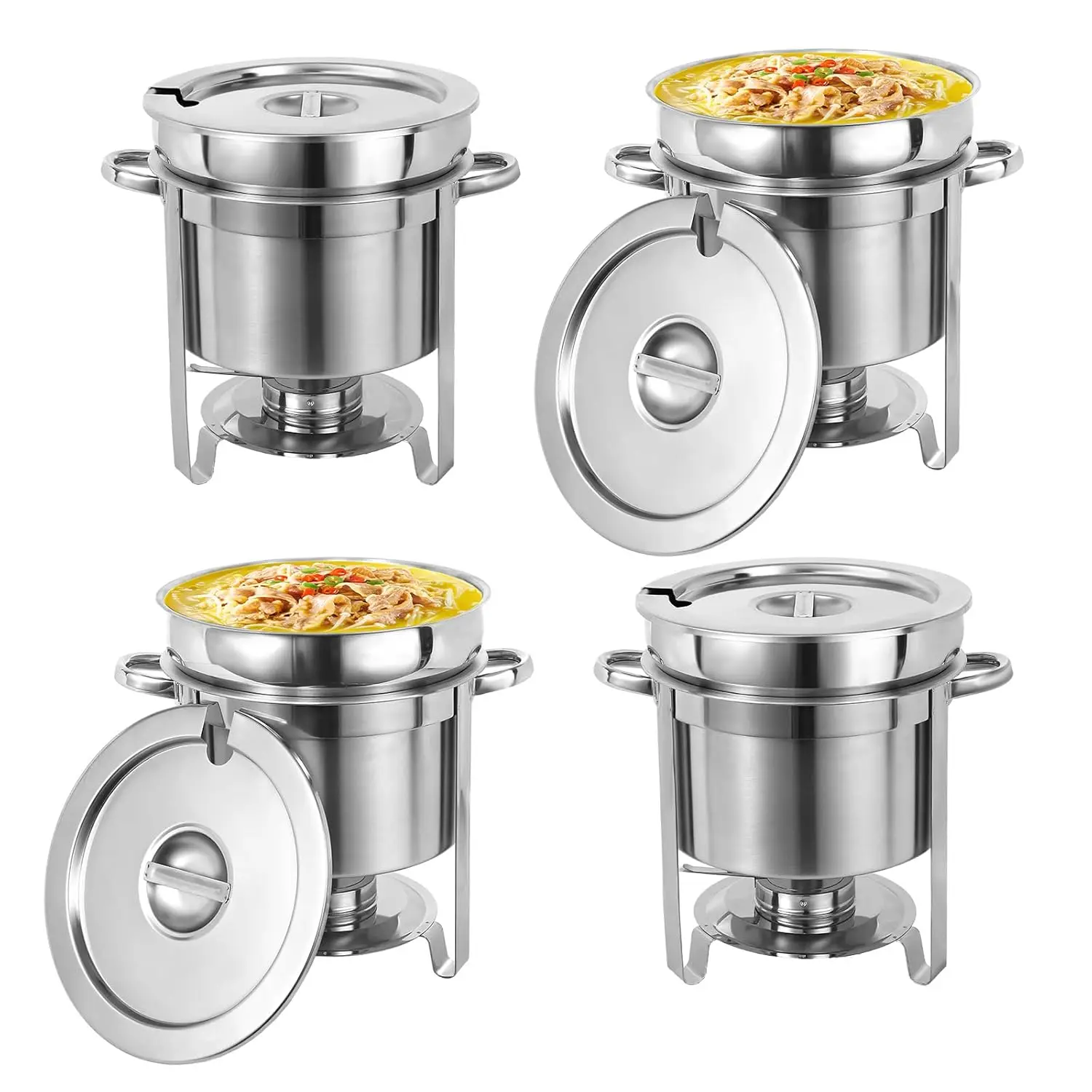 Soup Chafer 11QT Large Capacity Soup Chafer Sets of 4, Stainless Steel Round Soup Warmer w/Pot, Notched Lid & Fuel Holder