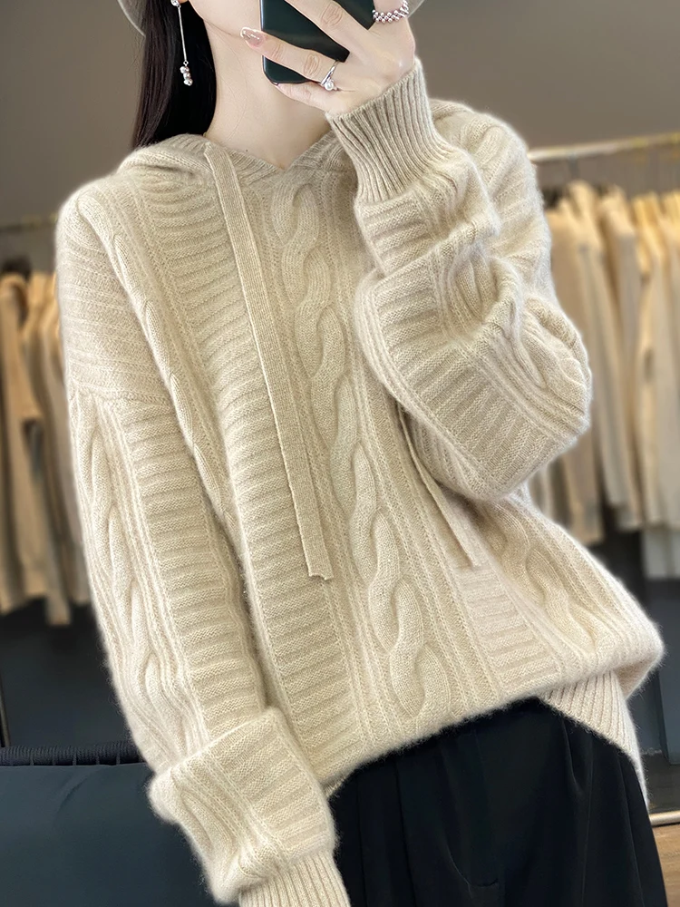 100% Australia Wool Women\'s Hoodies Sweater Long SleeveO-neck Pullover New Arrivals Knitted Jumpers Cashmere Sweatshirts Fashion