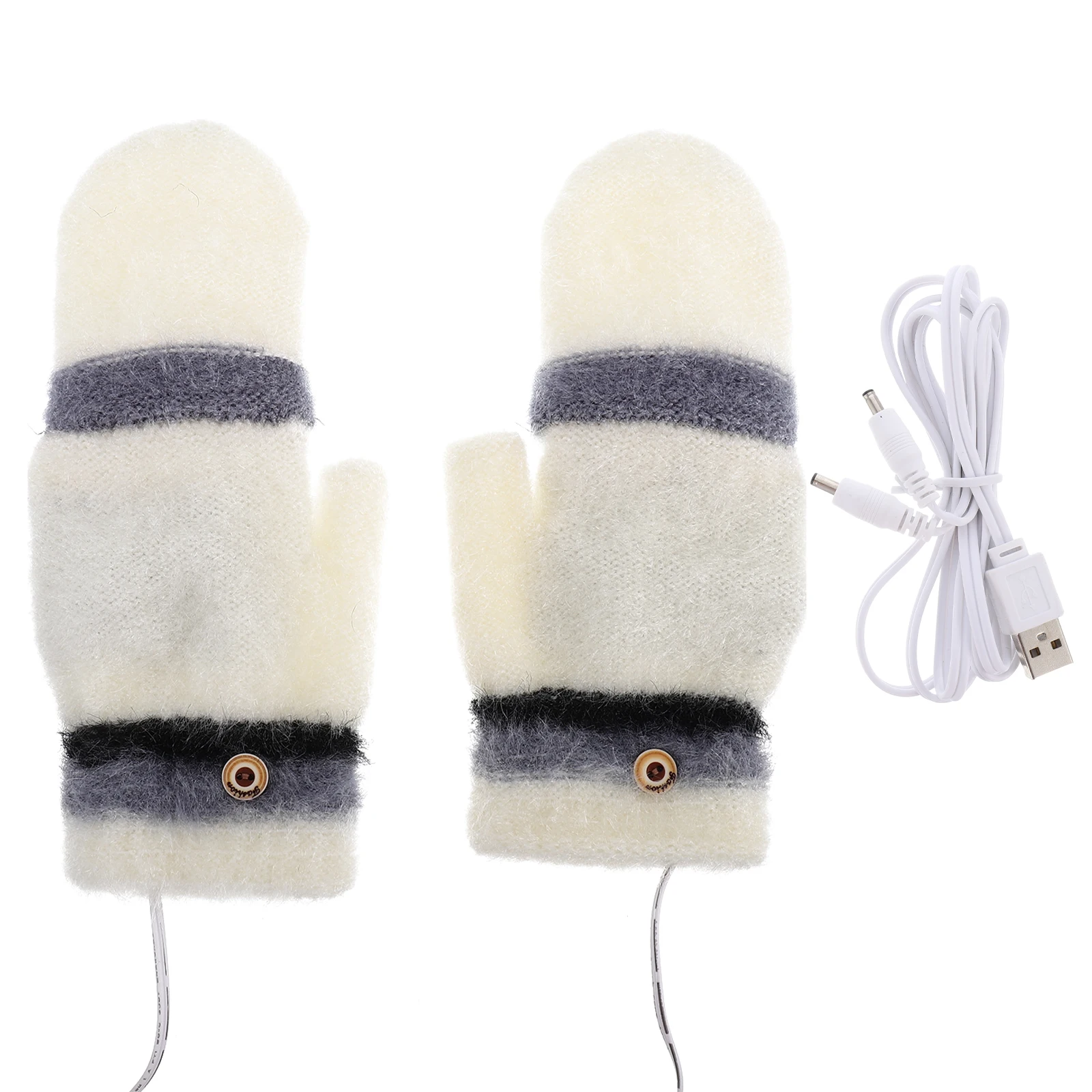 

1Pair Usb Heated Knit Gloves White Durable Knitting Material Winter Hand Warmer Rechargeable Heated Gloves For Cold Weather