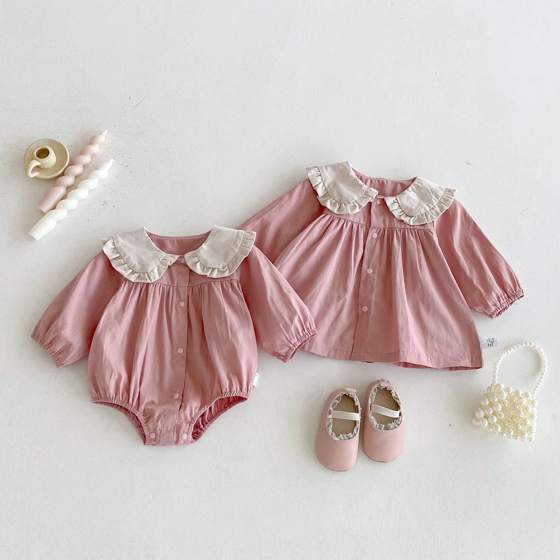 

2025 Autumn New Baby Girl Long Sleeve Solid Bodysuit Cotton Girls Cute Lace Lapel Dress Infant Toddler Sisters Clothing 0-24M