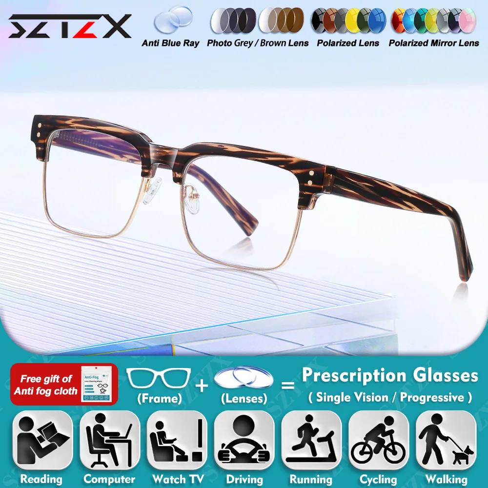 

SZTZX Men Trendy Square Frame Design Myopia Prescription Reading Glasses Minimalist Anti Blue Ray Progressive Optical Eyeglasses
