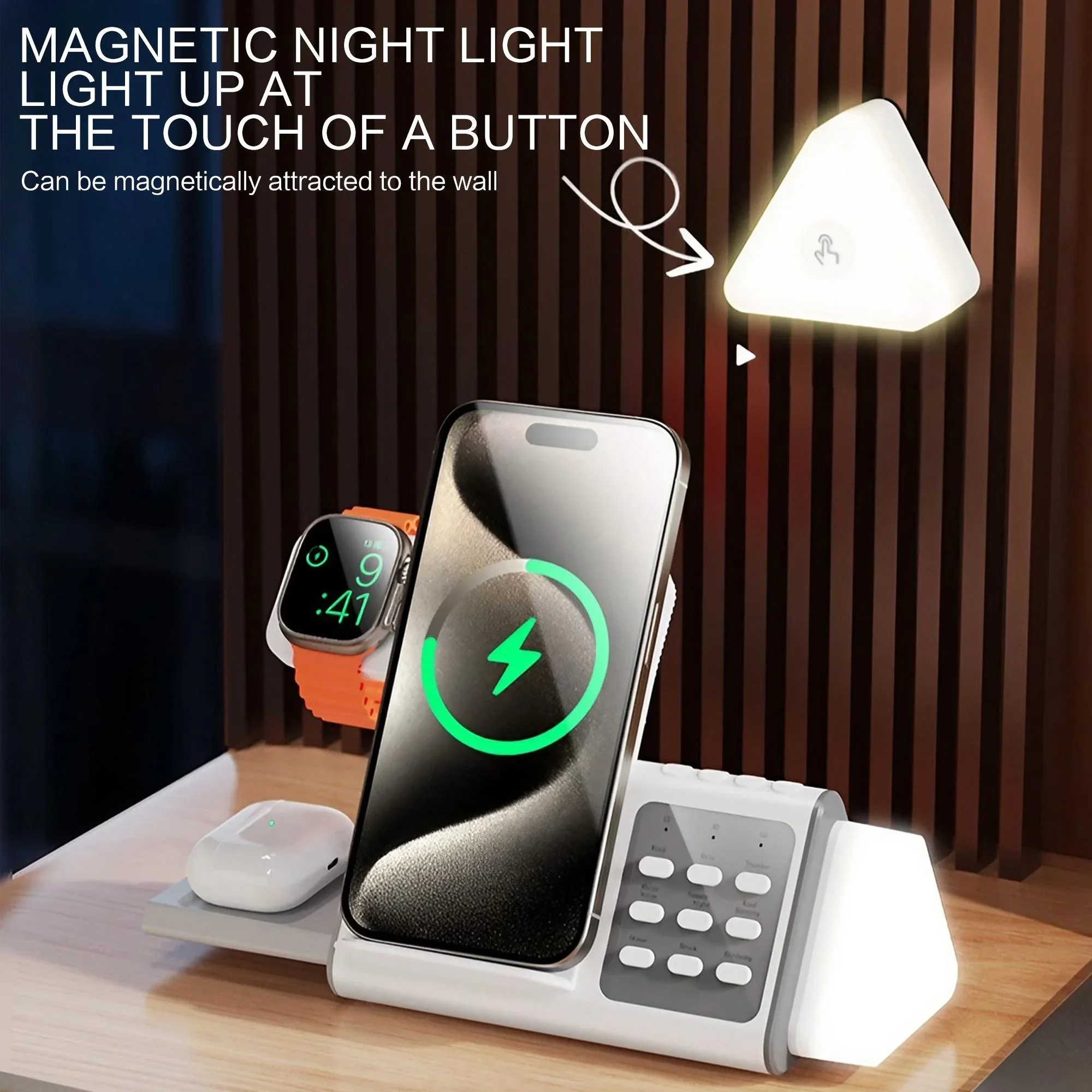 حامل شاحن لاسلكي 3 في 1 مع ضوء ليلي أبيض اللون شحن سريع لسماعات Apple Watch AirPods