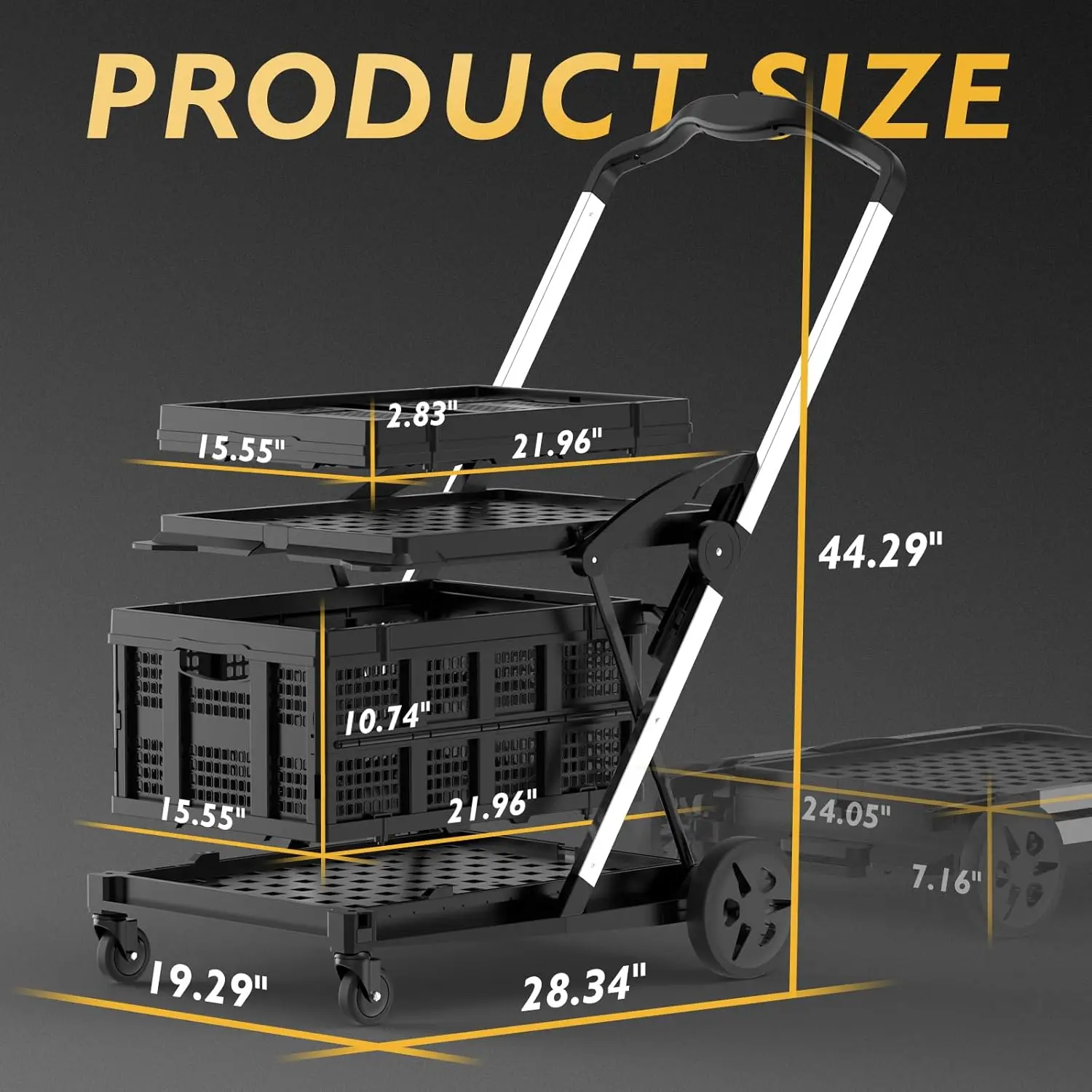 Functional Collapsible Carts,2-Tier Folding Shopping Cart with 2 Folding Basket, Grocery Shopping Cart with Brake Wheels,Mobile