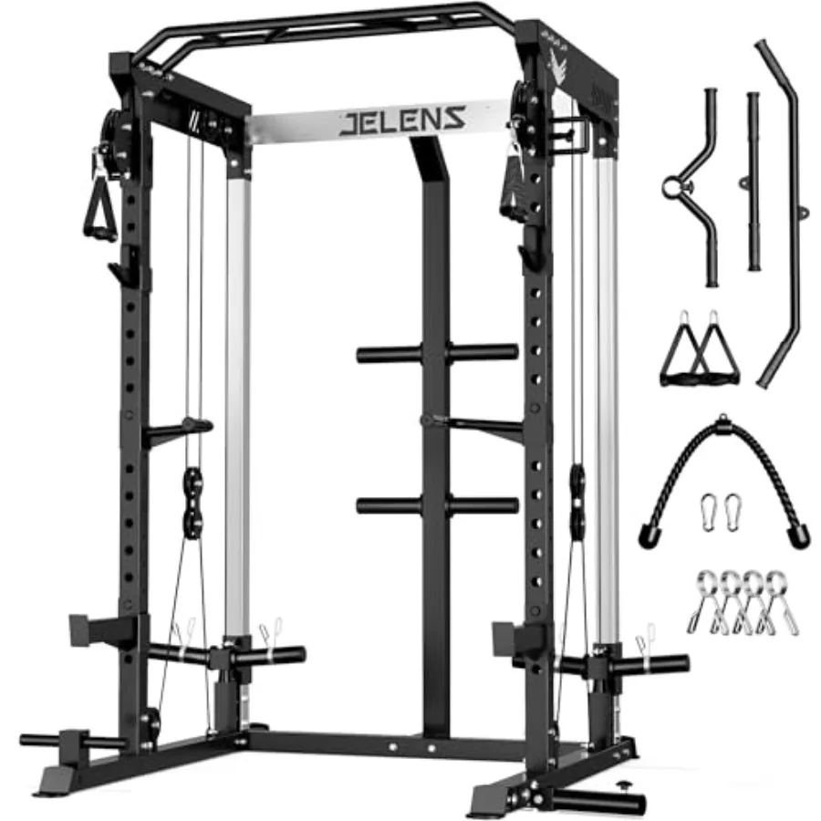 

Home gym power cage with steel frame, black finish, 2000LBS capacity and independent dual pulley system for cable crossover and