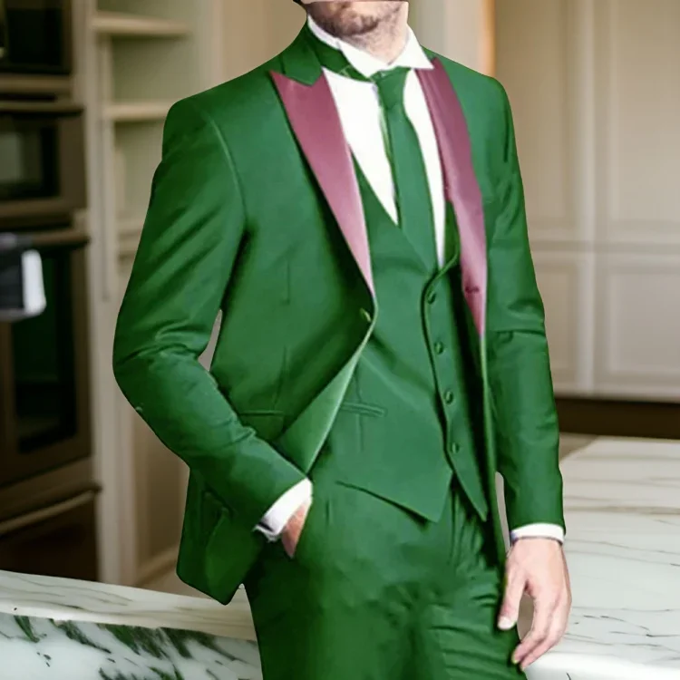 Italian Slim Fit Men Suits 3 Pcs Peak Lapel Green Fashion Custom Wedding Groom Tuxedo (Jacket + Vest + Pants) Custom Made