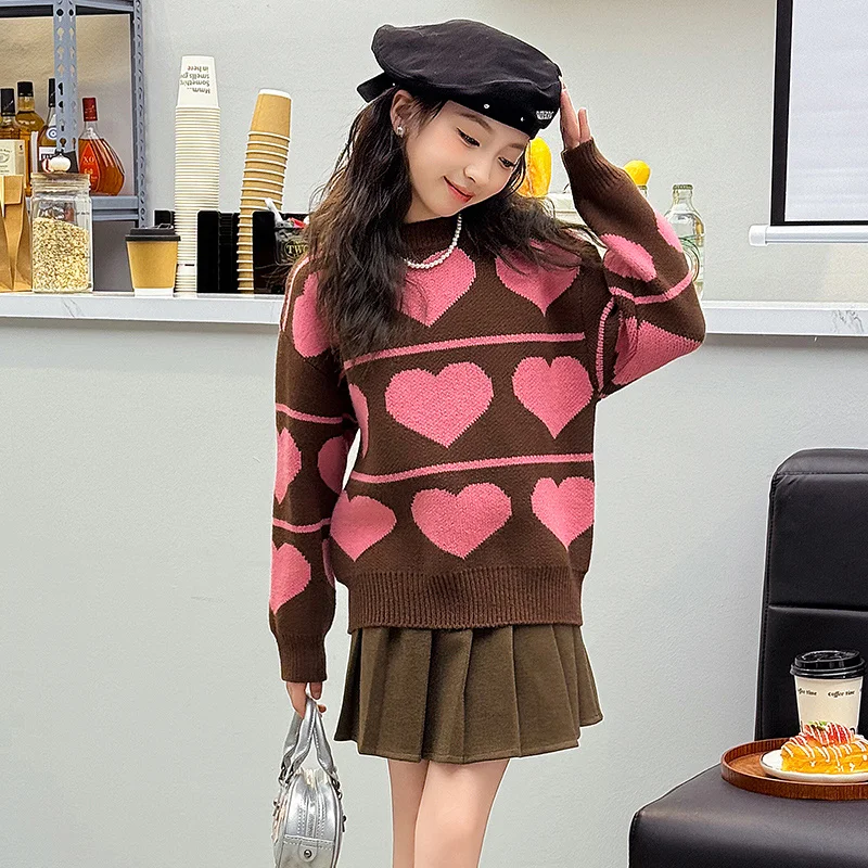 Soft Sweater For Girls Spring Fall Kids Knitted Pullover Heart Pattern Casual Tops For Children\'s Clothes 6 8 10 12 14 Years Old