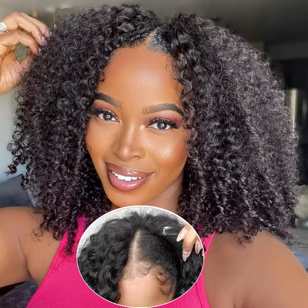 

V-образные афро-кудрявые вьющиеся парики, половина человеческих волос, без клея, повязка на голову, парик со шнурком, бесшовные зажимы, откидывающийся на 300% вьющийся парик