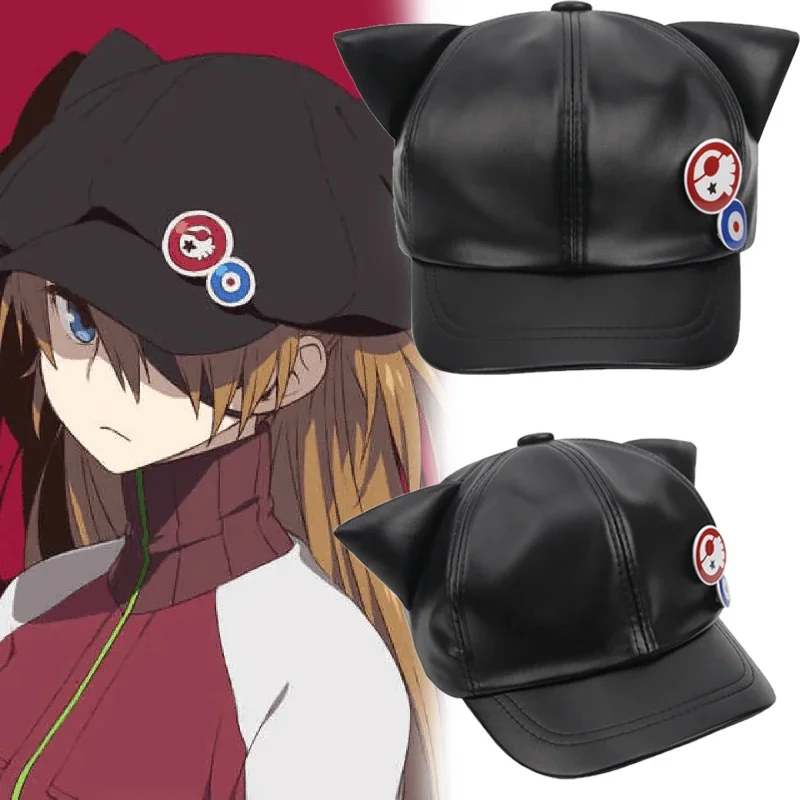 

Anime Asuka Langley Soryu Cosplay Hat Adult Kids Unisex Black Cat Ears Baseball Sun Cap Halloween Party Badge Accessory Props