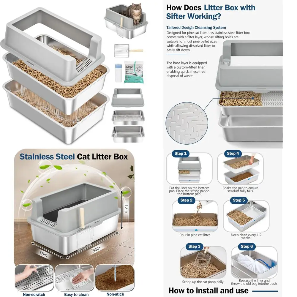 

Очень большой лоток из нержавеющей стали с крышкой и лопаткой для больших кошек, домашних хозяйств для нескольких кошек, контролем запаха
