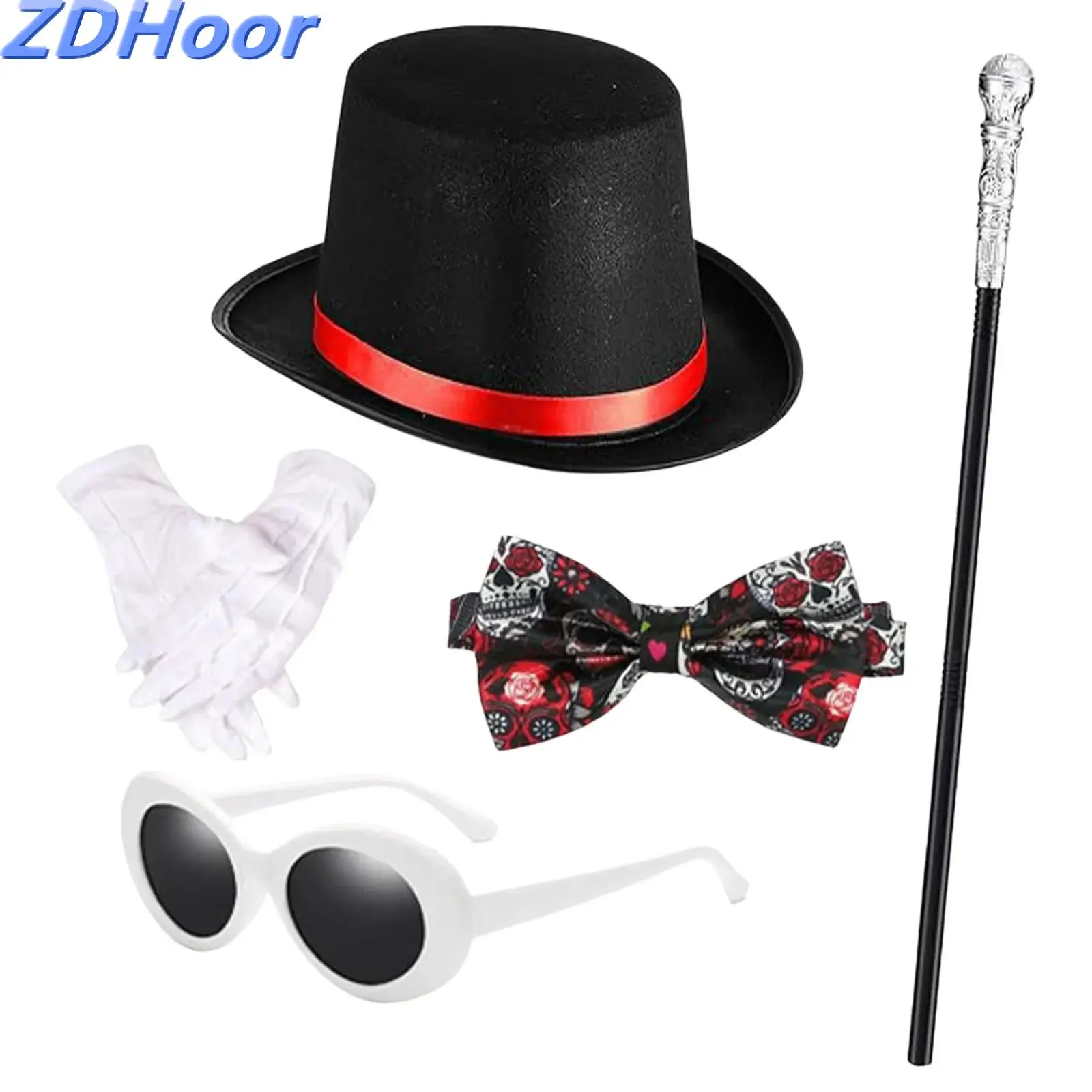 

Men Magician Halloween Dress Up Costumes Set Include Top Hat Gloves Skull Wand Sunglasses Bow Tie