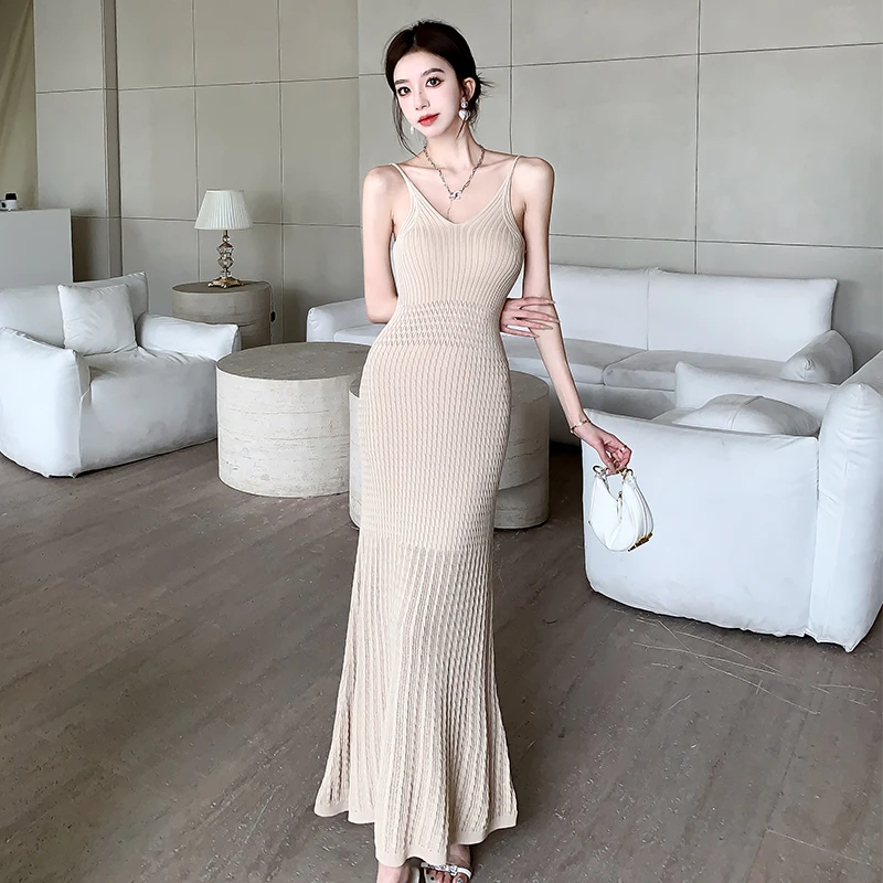 Coigarsam Long Dress Women Summer 2024 French Style Sexy Knitted Spaghetti Strap V-Neck Caramel Color Grey Blue Black Dresses