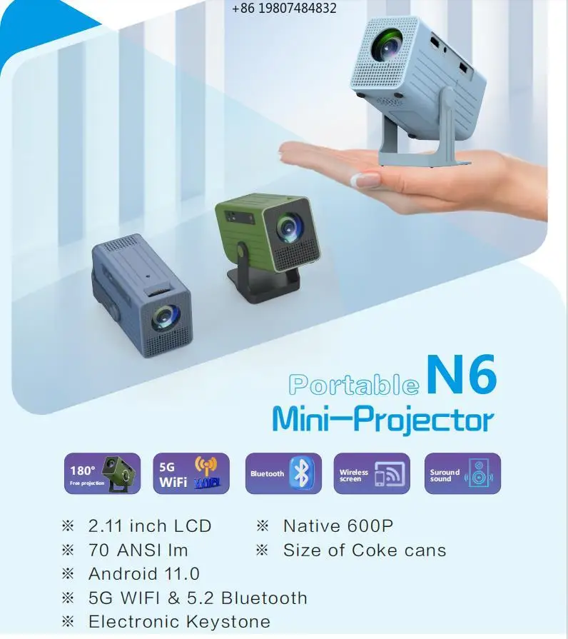 Android 11.0 Projector with Voice Control 70 Lumens 720P Resolution 2G RAM Wifi 6 3D Features Portable Home Theater Beamer