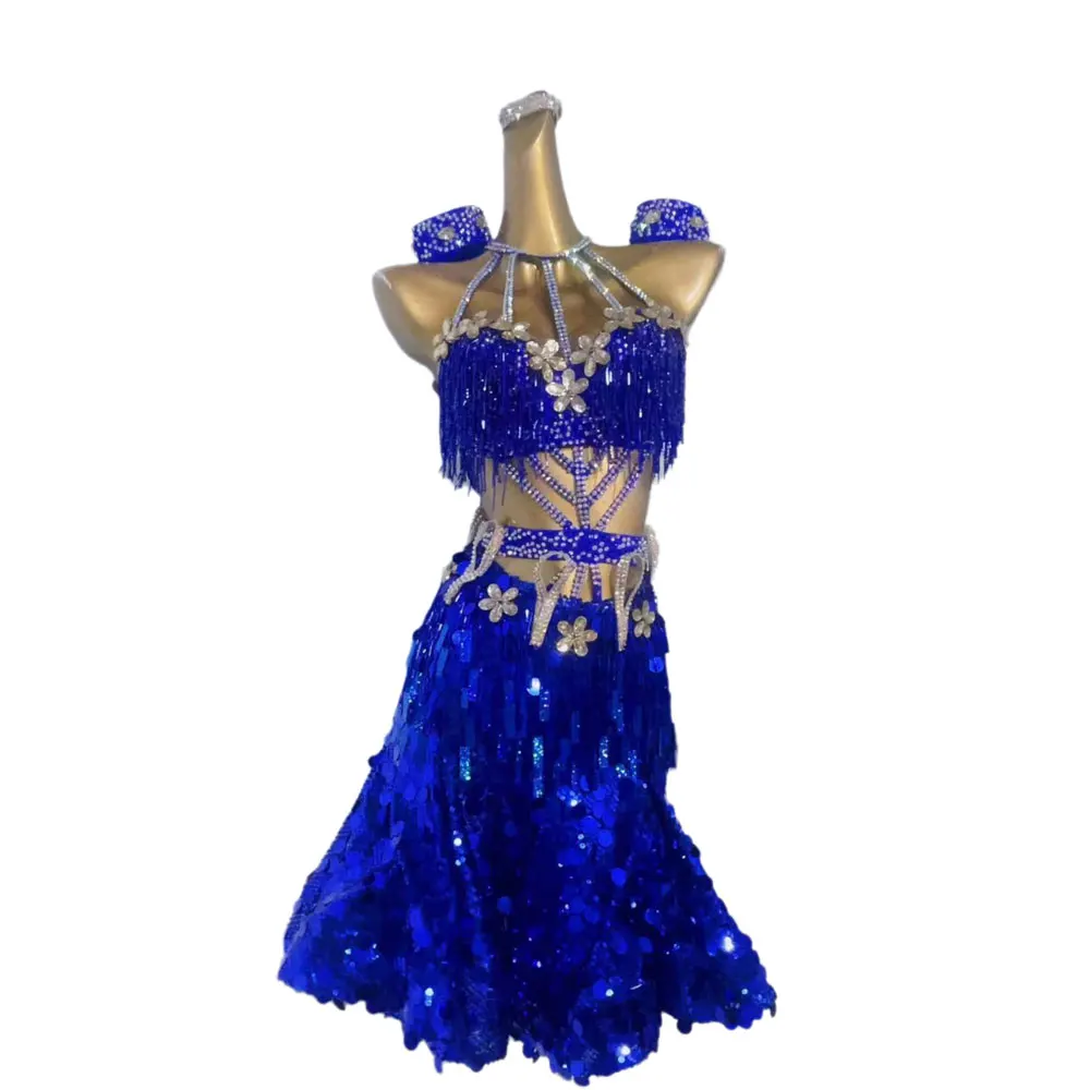 

Latin Dance Costume, Rhinestone Women's Clothing, High-end Customized Blue Circular White Flower Samba Performance Dress