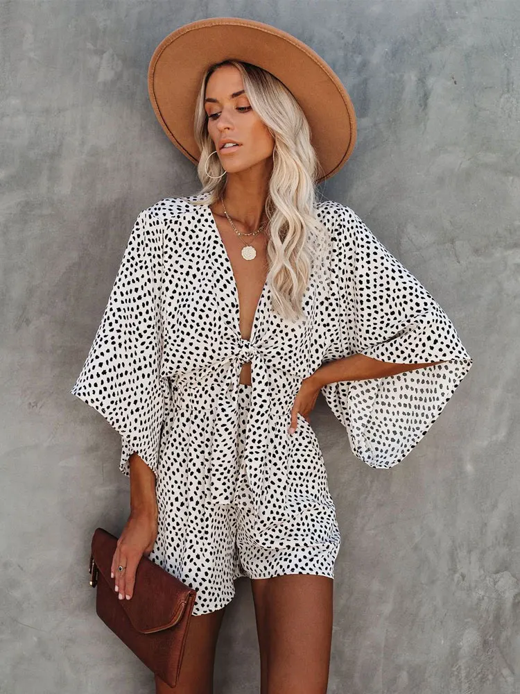 Leopard Bowknot Wide Leg Romper Overalls Casual Loose Summer V Neck Playsuits Short Jumpsuits Pockets One-piece Jumpsuit A1430