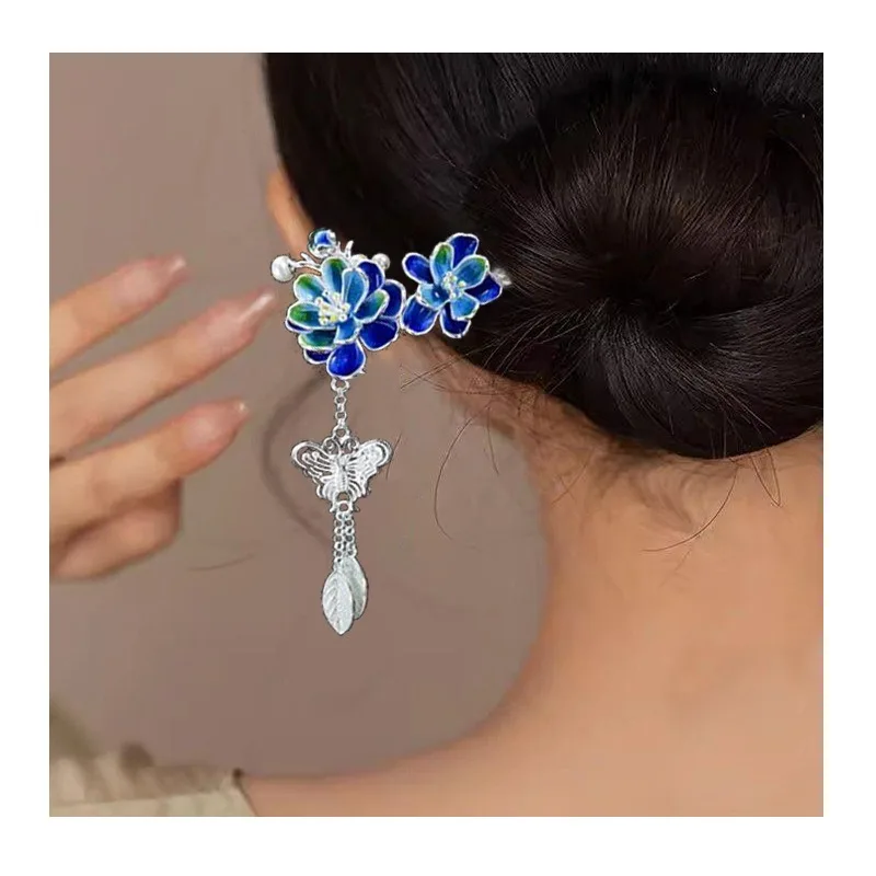 

Cloisonne Hairpin, Simple Antique Hanfu Headgear, Fringed Step Shake Plum Blossom Hairpin, Qixi Festival Gift for Women's Ethnic