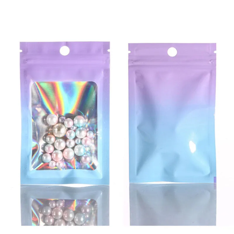 10-50pcs Smell Proof Mylar Bags Visible Holographic Gradient Bags Resealable Ziplock Bags Foil Pouch for DIY Jewelry Packaging