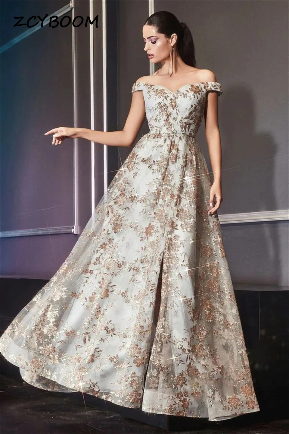 

Элегантные вечерние платья трапециевидной формы с открытыми плечами и аппликациями, вечерние платья с высоким разрезом, 2025 г., платья для выпускного вечера со шлейфом, вечерние платья