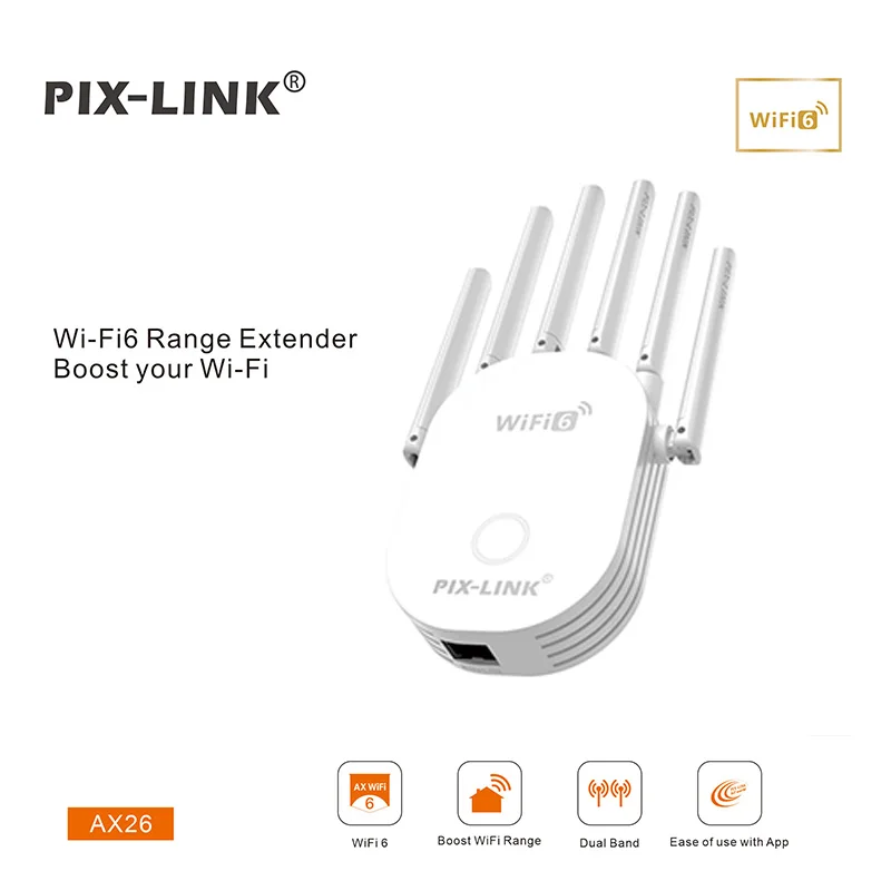 

Усилитель Wi-Fi сигнала PIXLINK WiFi 6 Extender AX1800 1800 Мбит/с, двухдиапазонный (5.8 ГГц/2.4 ГГц), расширитель беспроводного диапазона для дома и игр, простая настройка