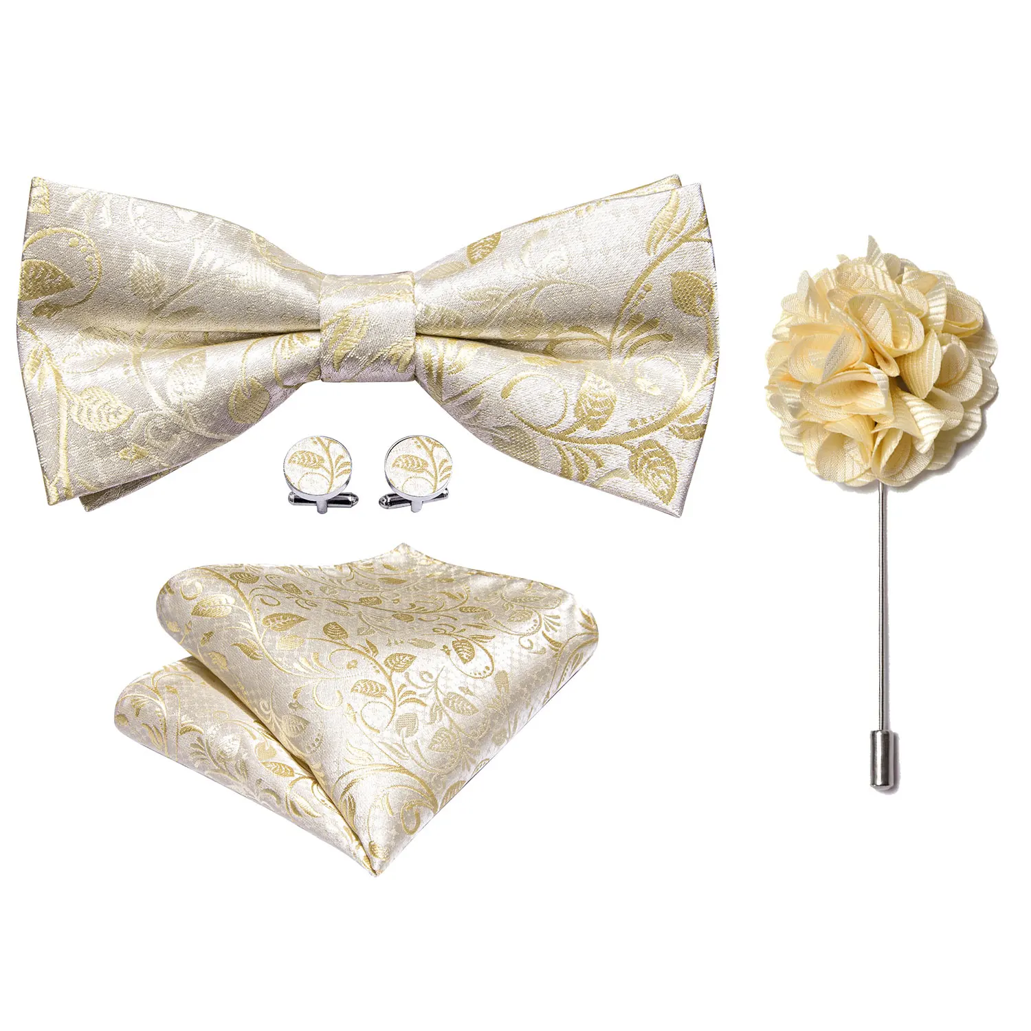 Barry.Wang Jacquard-Fliege für Herren, Elfenbein, Champagner, Blumenmuster, solide, vorgebundene Fliege, Einstecktuch, Manschettenknöpfe, Broschen-Set, vorgebundene Hochzeitsfeier