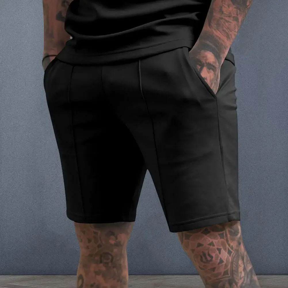 

Reinforced Pocket Design Men Shorts Men's Mid-rise Elastic Waist Wide Leg Shorts with Pockets Solid Color Casual for Daily