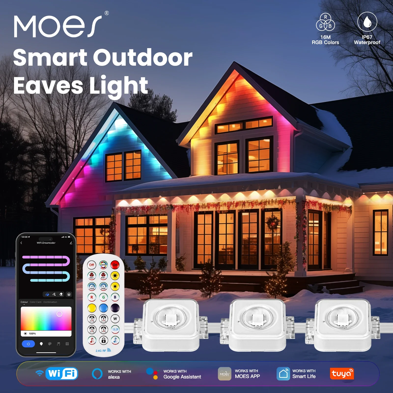 MOES Tuya WiFi Smart Eaves String LED Lights Outdoor IP67 Waterproof 1600 Million RGB Color RF Remote Control Alexa Google Home