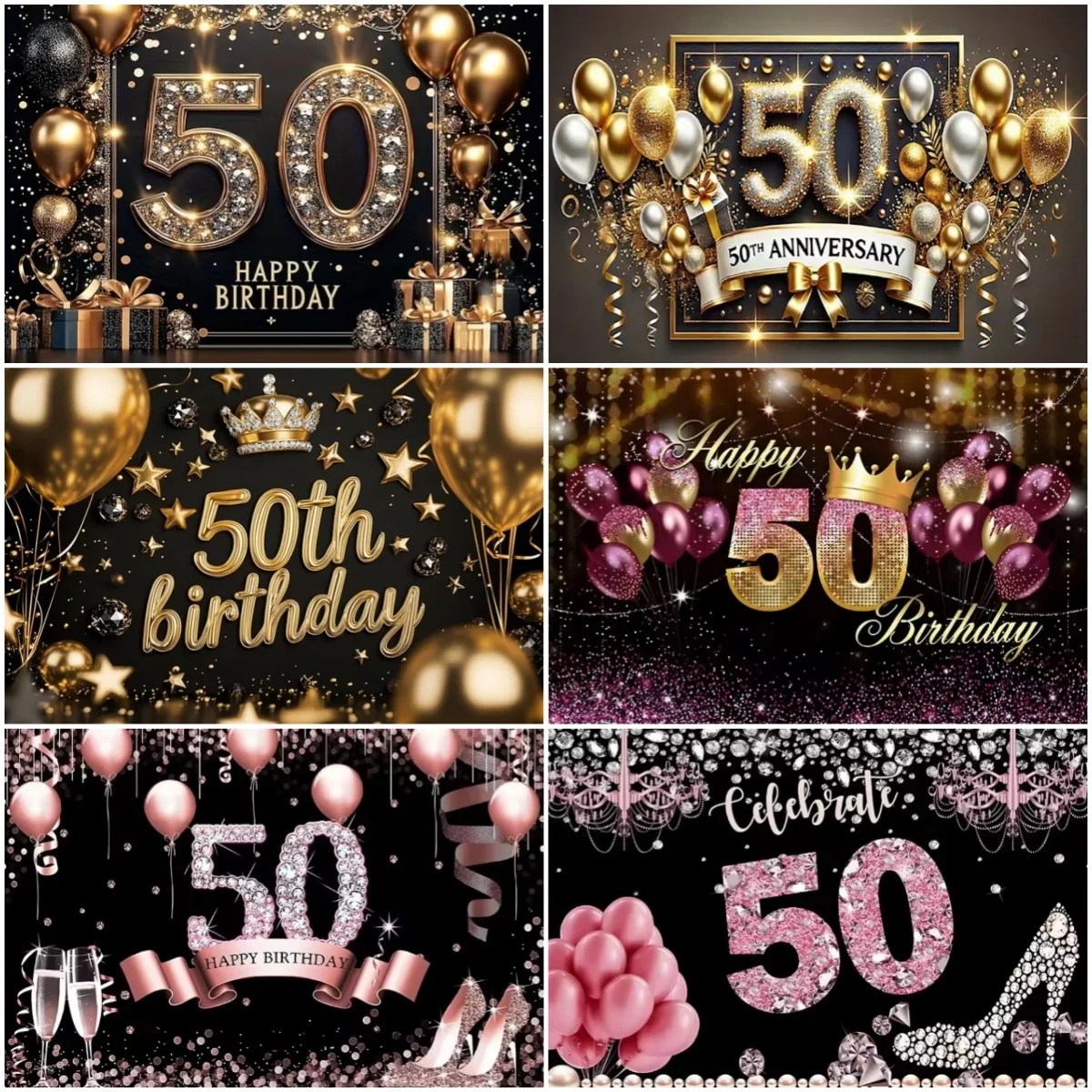 

Happy 50th Birthday Party Decoration Background Blue Gem Rose Gold Diamond Sparkling Balloon Backdrop Portrait Photography Props