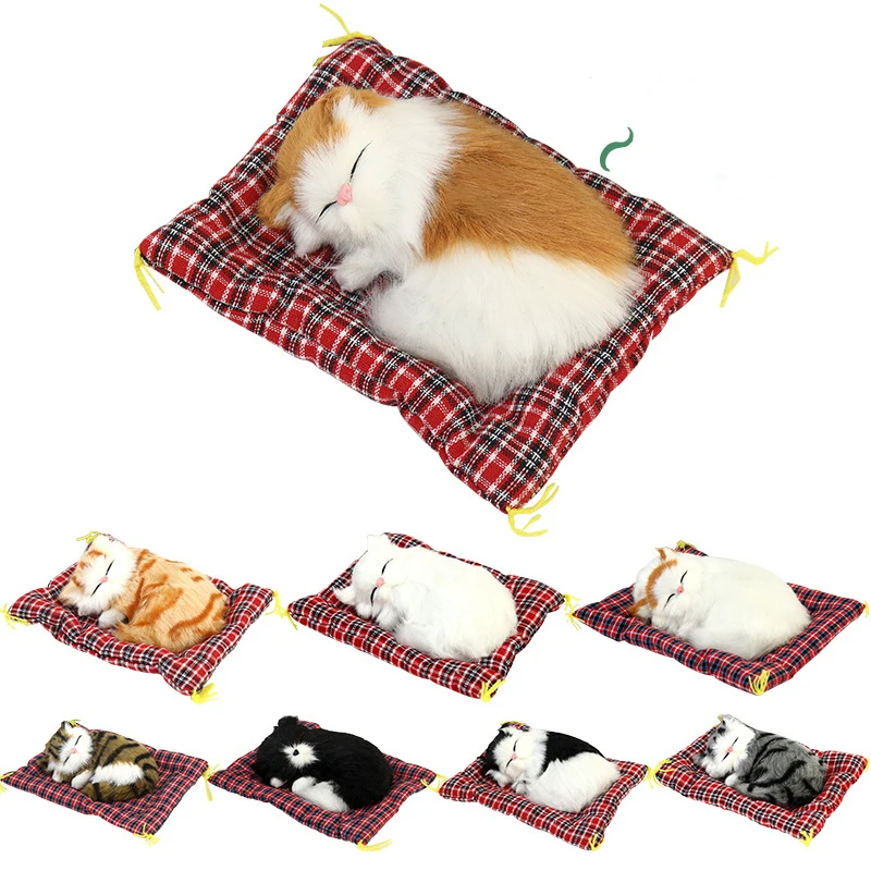 Artificial Mini Sleeping Cats on Cloth Pad Plush Simulation Lying Cats Doll Ornaments Children\'s Gifts Home Decoration Crafts