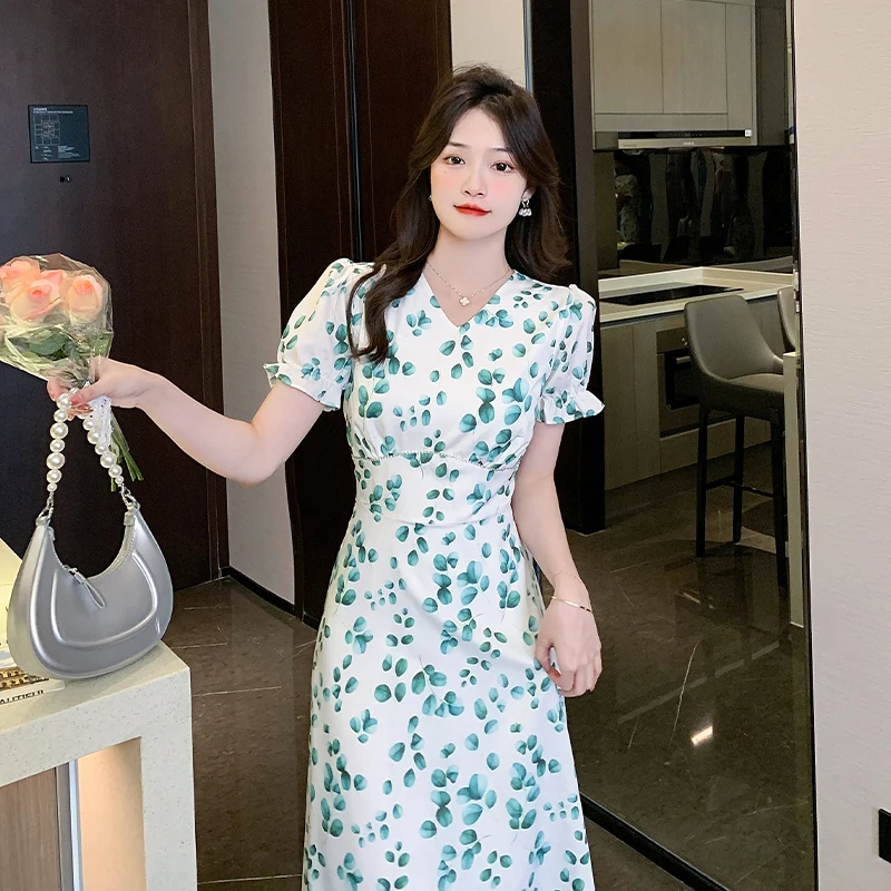 EHQAXIN Summer Ladies Dress Fashion 2023 New V-Neck Chiffon Green Print Sweet Pinned Bead Korean A-Line Short Sleeve Dress S-2XL