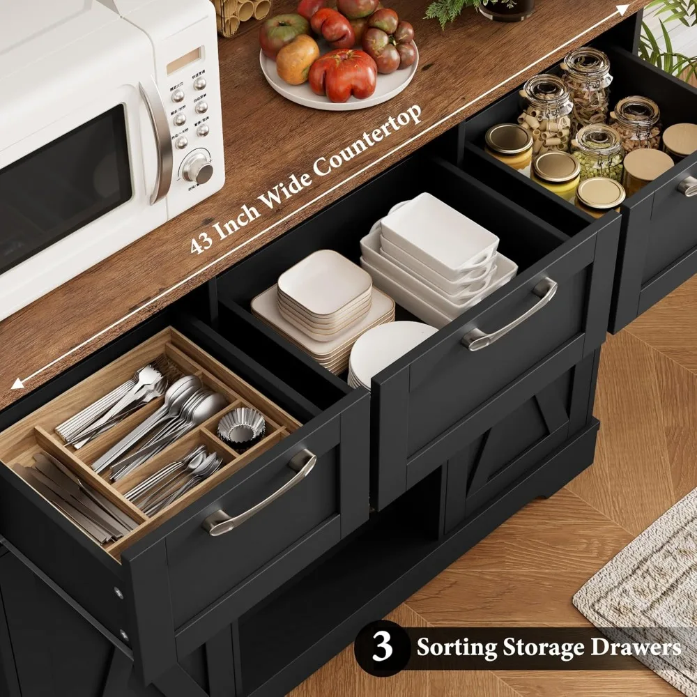 Farmhouse Style Large Kitchen Pantry Cabinet with 3 Drawers, Barn Door & Shelves