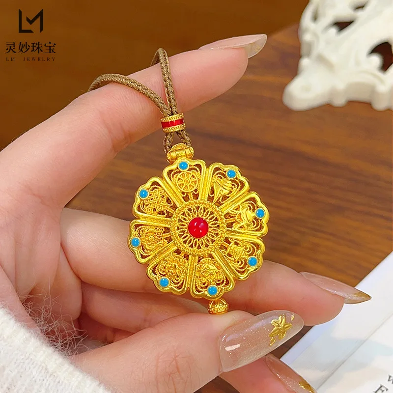 

9999 24K real gold hollow filigree eight treasures Gawu box pendant necklace Sakyamuni Buddha round sweater chain women