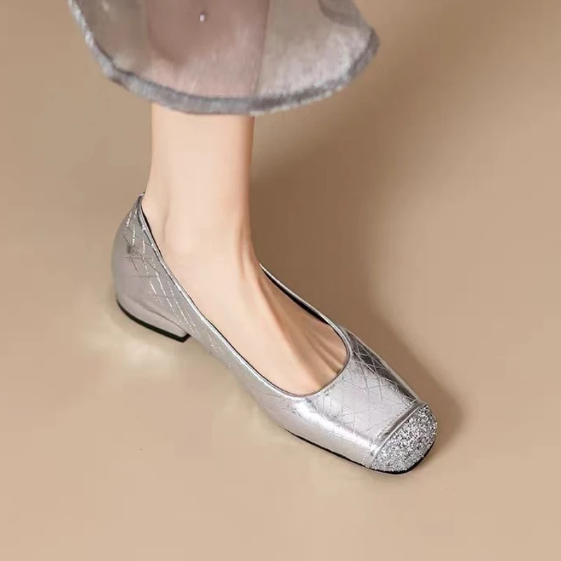 2025 New Casual Women Silk  Square Middle Heels Shallow Lady Fashion Wedding Bridal  Square Toe High Quality Women Pumps