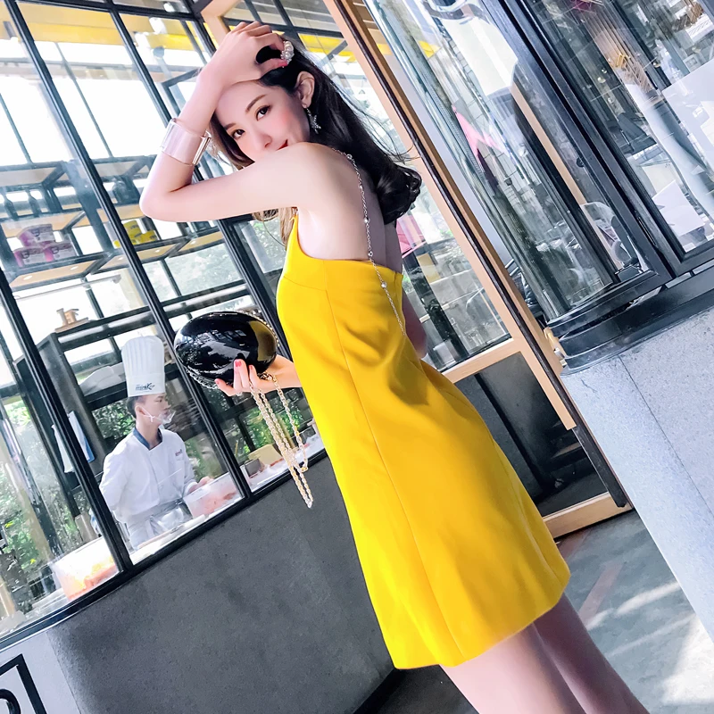 

Ele Sexy Strap Dr Yellow Waist Cinched A-Line Skirt ort Length Summer New Arrival Women's Faion Commute Sle