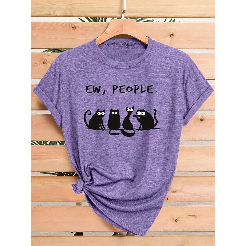 Women's T-shirt Casual Short Sleeved Cartoon Cat Pattern 3D Printing Fashionable and Versatile Retro Style Humorous Pattern Top
