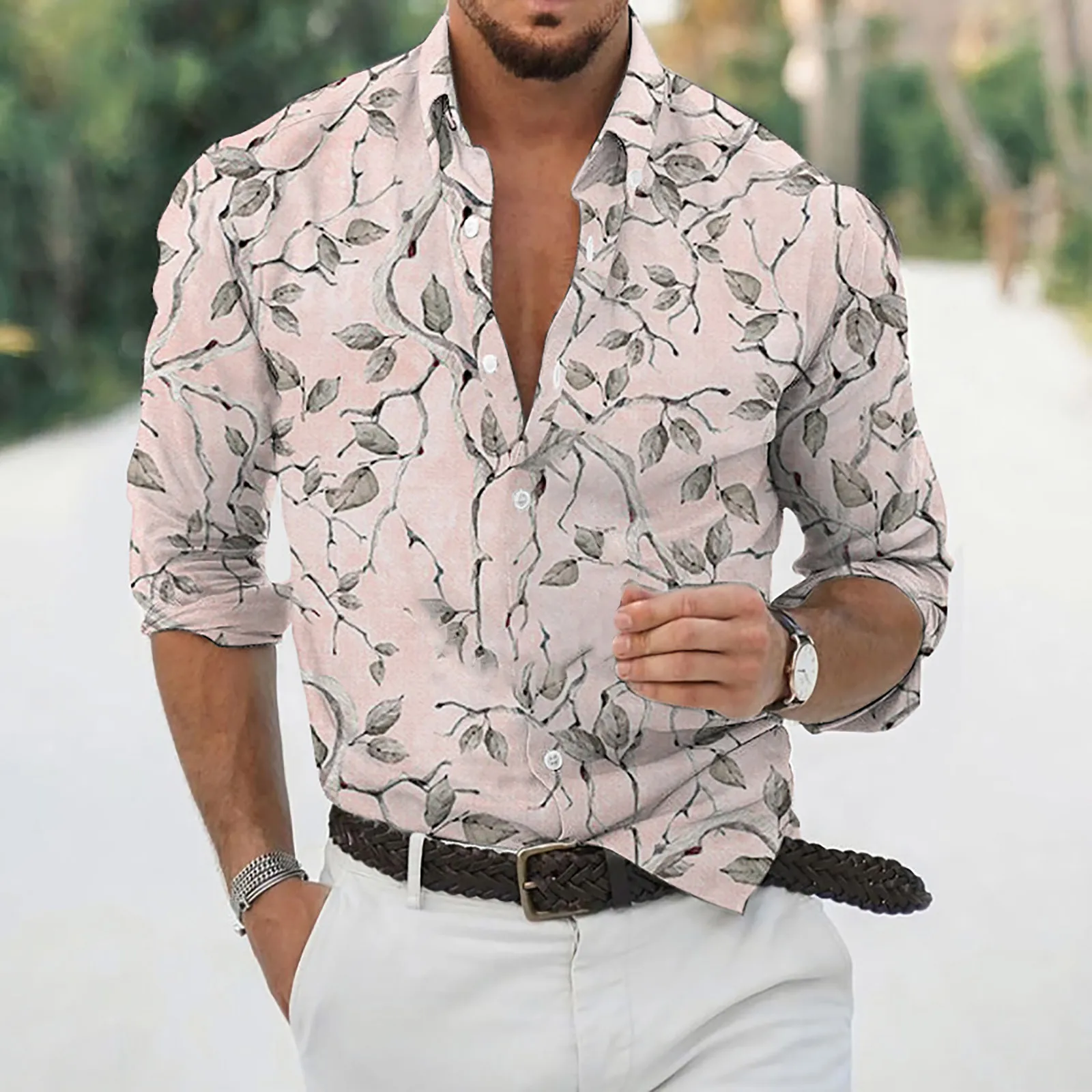 

Pink Shirts For Men'S Loose Lapel Floral Print Casual Long Sleeve Blouse Button Streetwear Print Camisa Social Dress Shirt Party