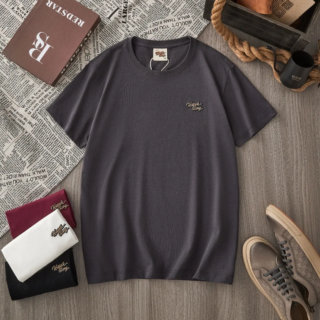 190gsm 4XL 100% Cotton Washed Regular Shoulder Tees for Men 2026 Summer American Vintage Casual Solid Color Short Sleeve T-shirt