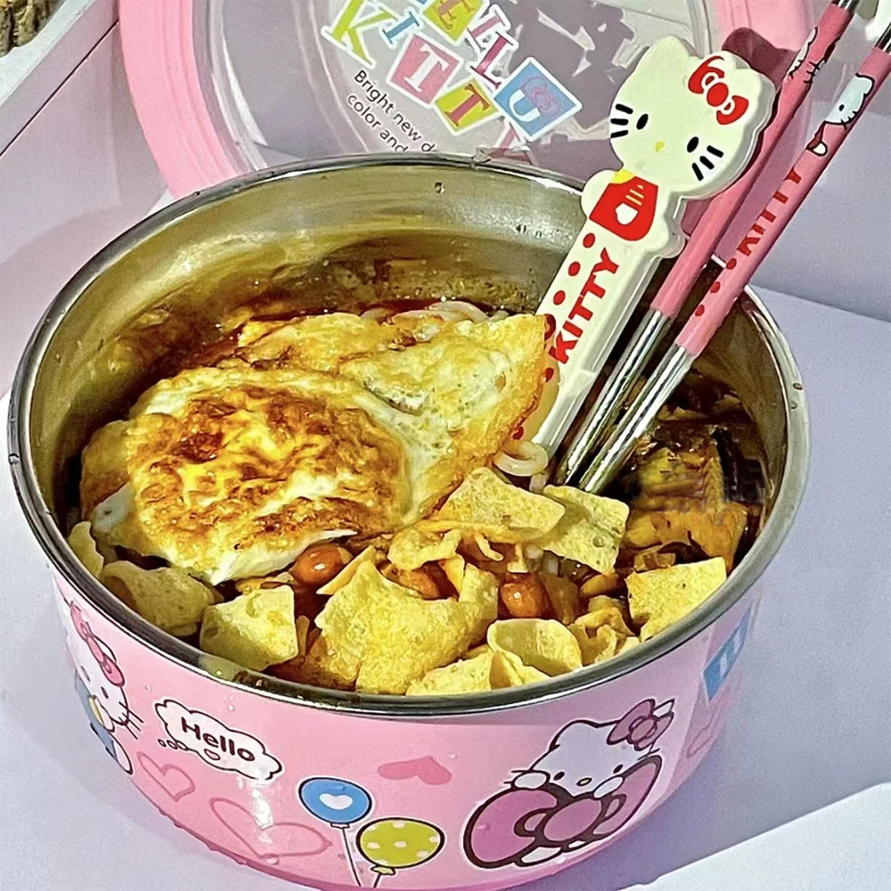 Sanrio Hello Kitty Stainless Steel Ramen Bowl With Lid Cute Large Instant Noodles Fruit Salad Rice Soup Bowl Kitchen Tableware view 5