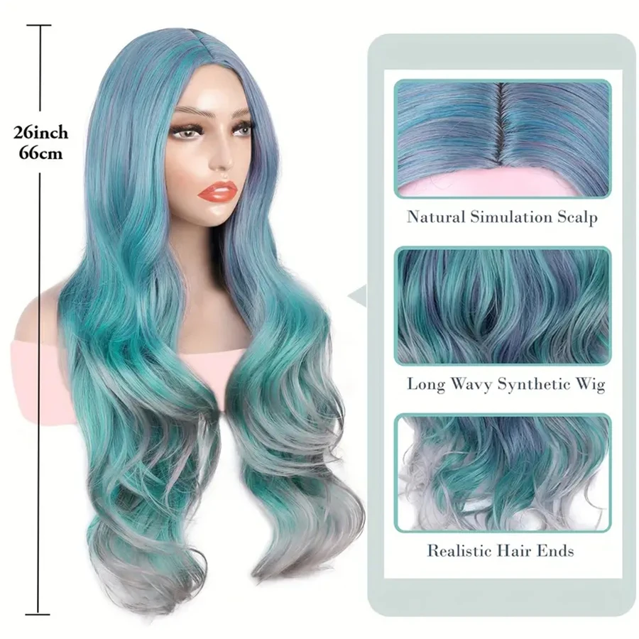 26inch Long Wavy Cosplay Wig Versatile Trendy European American Harajuku-Style Middle-Parted Blue-Gray Gradient-Dyed Wig