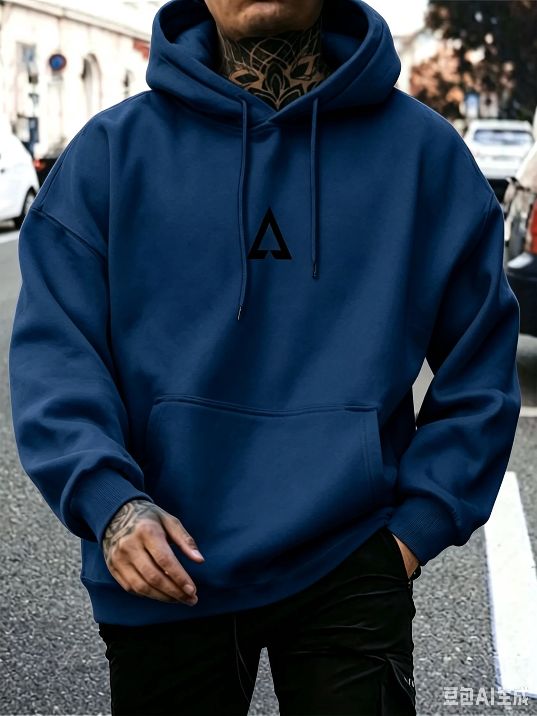Men's Minimalist Triangle Pattern Print Hoodie with Kangaroo Pocket, Long Sleeve Fleece Warm Casual Street Style Sweatshirt