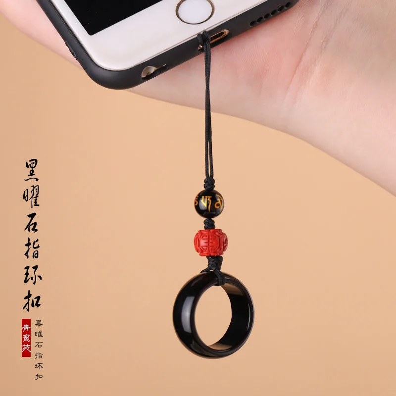 Natural obsidian fastened ring mobile phone charm pendant antique style pendant keychain lanyard couple style BA backpack chamrs