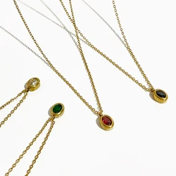 Peri'sBox Multicolor Little Oval Zircon Pendant Necklace Women Stainless Steel Minimalist Gold Plated Layering Necklacs Jewelry