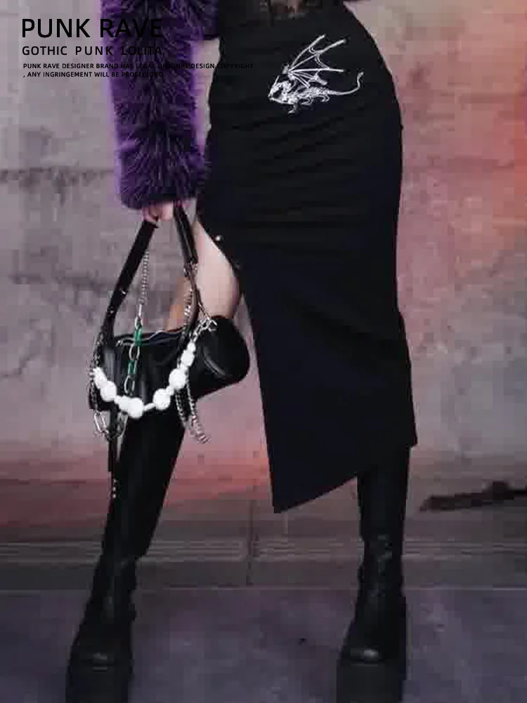 Black Asymmetrical High Waist Midi Skirt for Women PUNK RAVE Brand Vintage Style Mid-Length A-Line Step-In Skirt