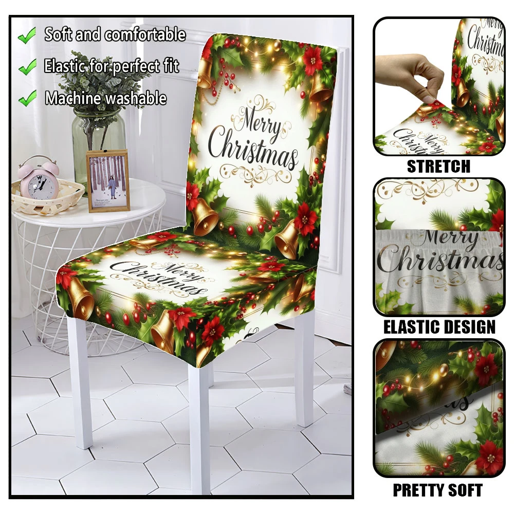 White Frame Merry Christmas Poinsettia Golden Bell Pine Holly Dining Chair Slipcover Stretch Xmas Holiday Chair Cover