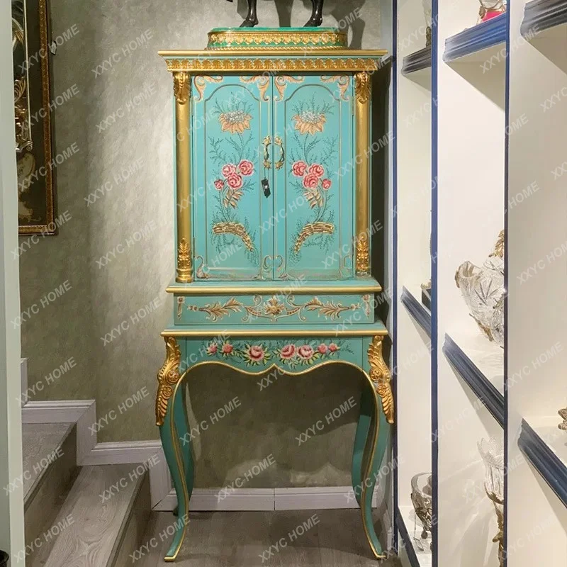luxury green decoration solid wood multi-layer hand-painted gold foil old tall cabinet