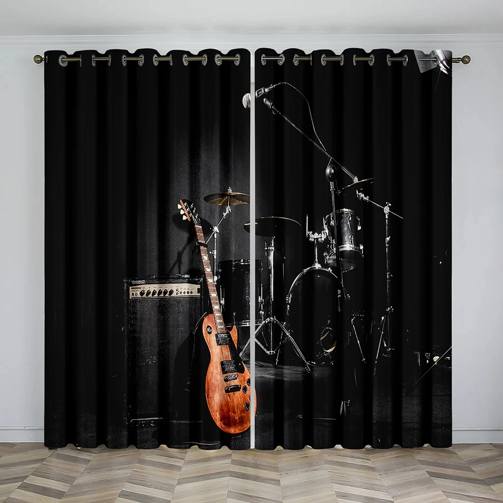 Music Stage Electric Guitar Shelf Drum Instrument Design Sunshade Curtains Living Room Bedroom Home Decoration Thin Curtains